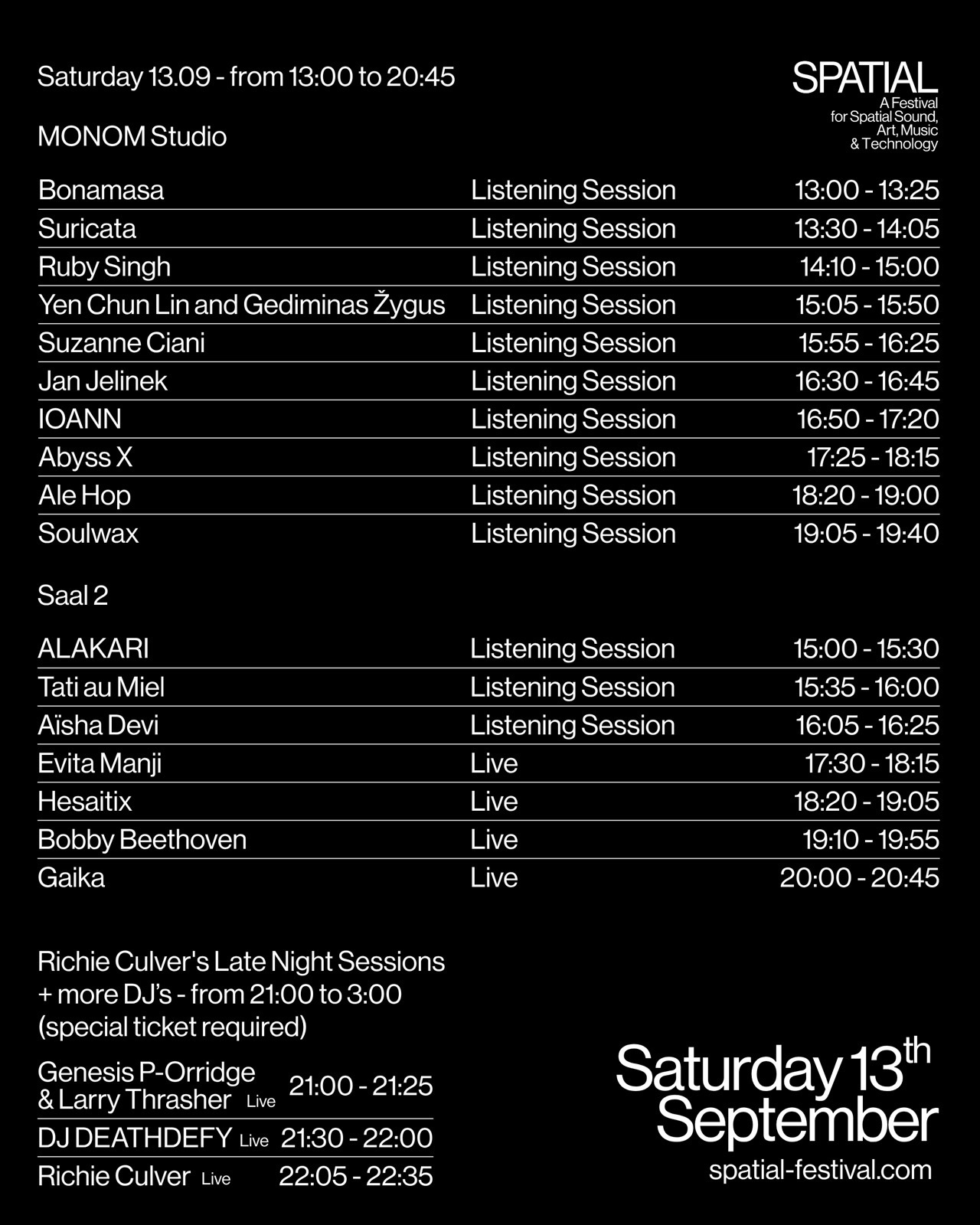 SPATIAL Lineup Per Day - SPATIAL 2025 Lineup (Post) Saturday 13